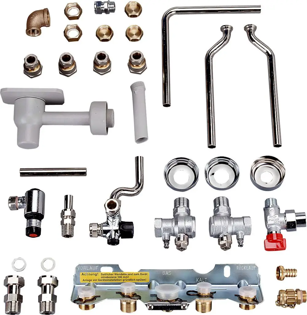 Installationszubehör für Heizsysteme von Bosch, bestehend aus verschiedenen Rohrverbindungsstücken, Ventilen und Anschlussmaterialien in einem übersichtlichen Layout.